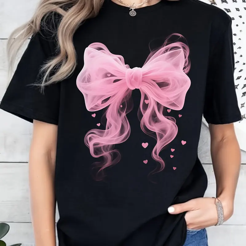 Women's Elegant Bow & Heart Geometric Graphic Print Cotton Casual Style Tee - 220g Heavyweight Easy-Wash Fabric, Short-Sleeve Round Neck, Casual Loose Fit, Plus Size (S-5XL) Everyday Top for Coffee Runs, Hangs, Sleeveless Alternative Option