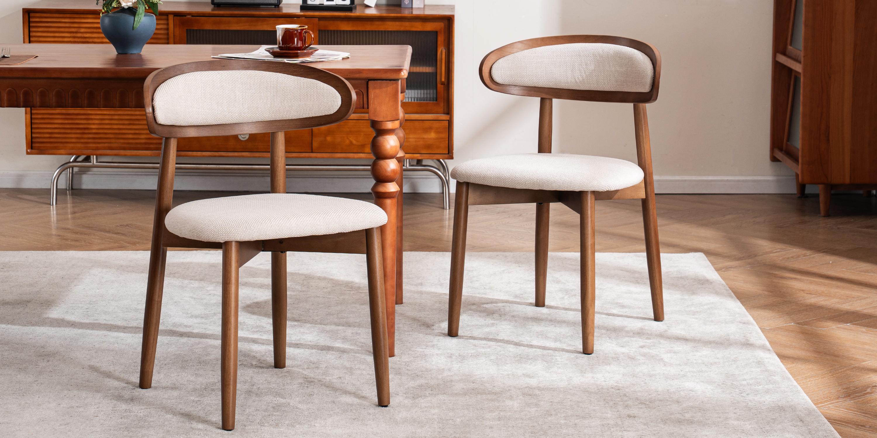 RIMIKING Upholstered Wooden Dining Chair （1 carton 2pcs）, Breathable Fabric Seat, Curved Back Design, Sturdy Rubberwood Legs,6870