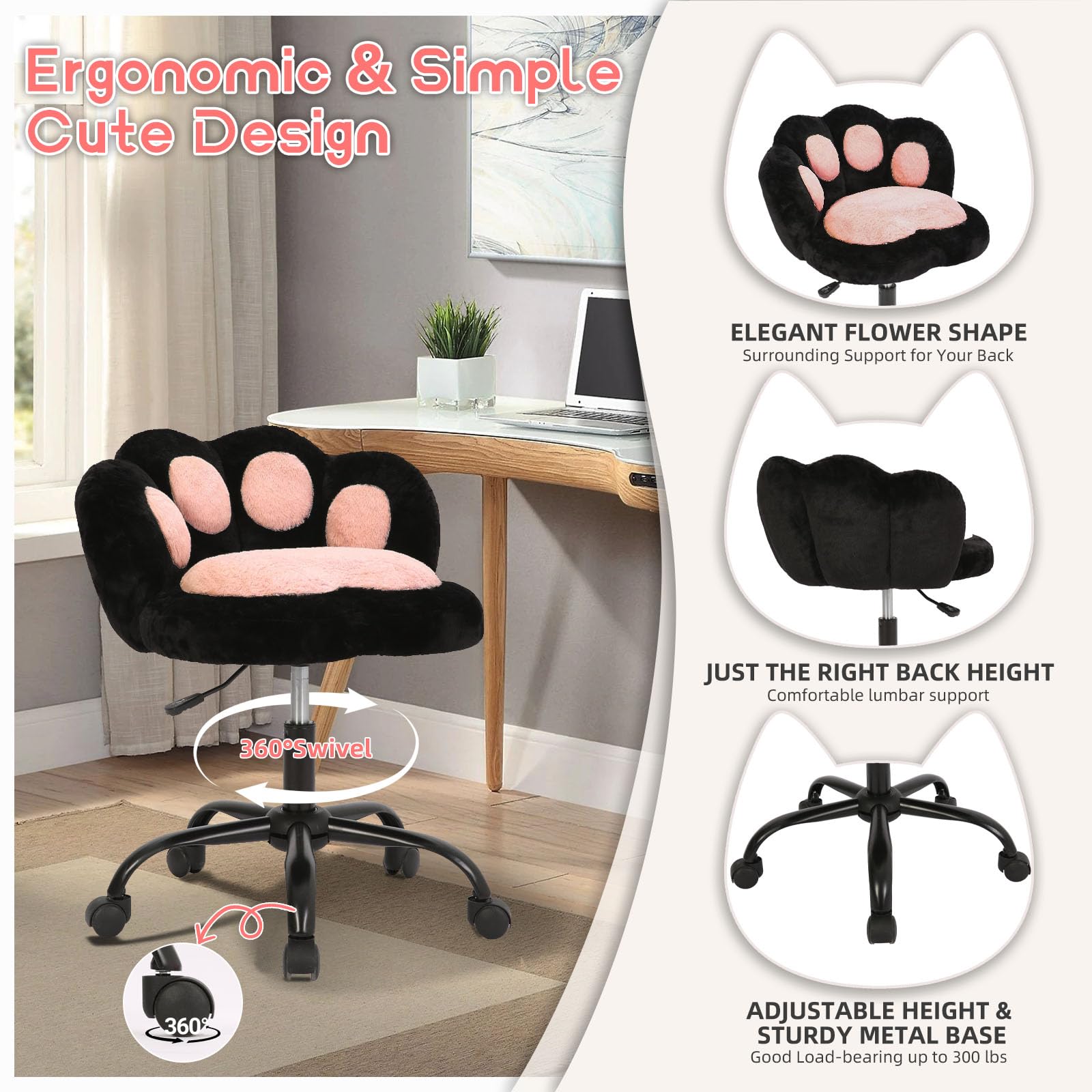 Vanity Chair with Wheels,Cute Cat Paw Office Chair with Back,360°Rotating Height Adjustable Armless Chair in Vibrant Color-Blocking,Small Desk Chair,Plush Cushion for Bedroom,Make-Up Room Home Office