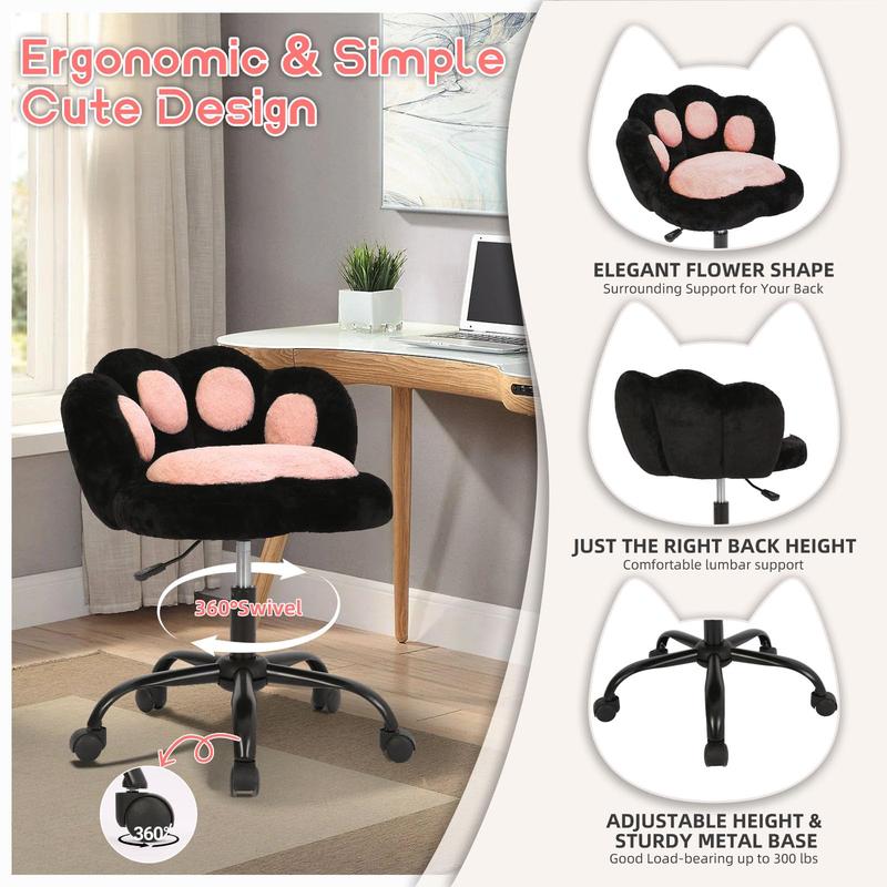 Vanity Chair with Wheels,Cute Cat Paw Office Chair with Back,360°Rotating Height Adjustable Armless Chair in Vibrant Color-Blocking,Small Desk Chair,Plush Cushion for Bedroom,Make-Up Room Home Office
