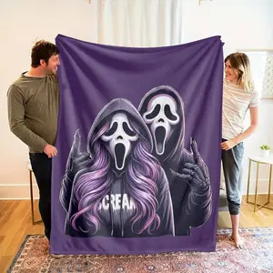 Purple Ghost Duo Flannel Blanket Horror Mask Art Print Design Soft Cozy Warm Lightweight Plush Throw Perfect for Halloween Decor Bedroom Living Room Sofa Party Holiday Gift or Movie Night