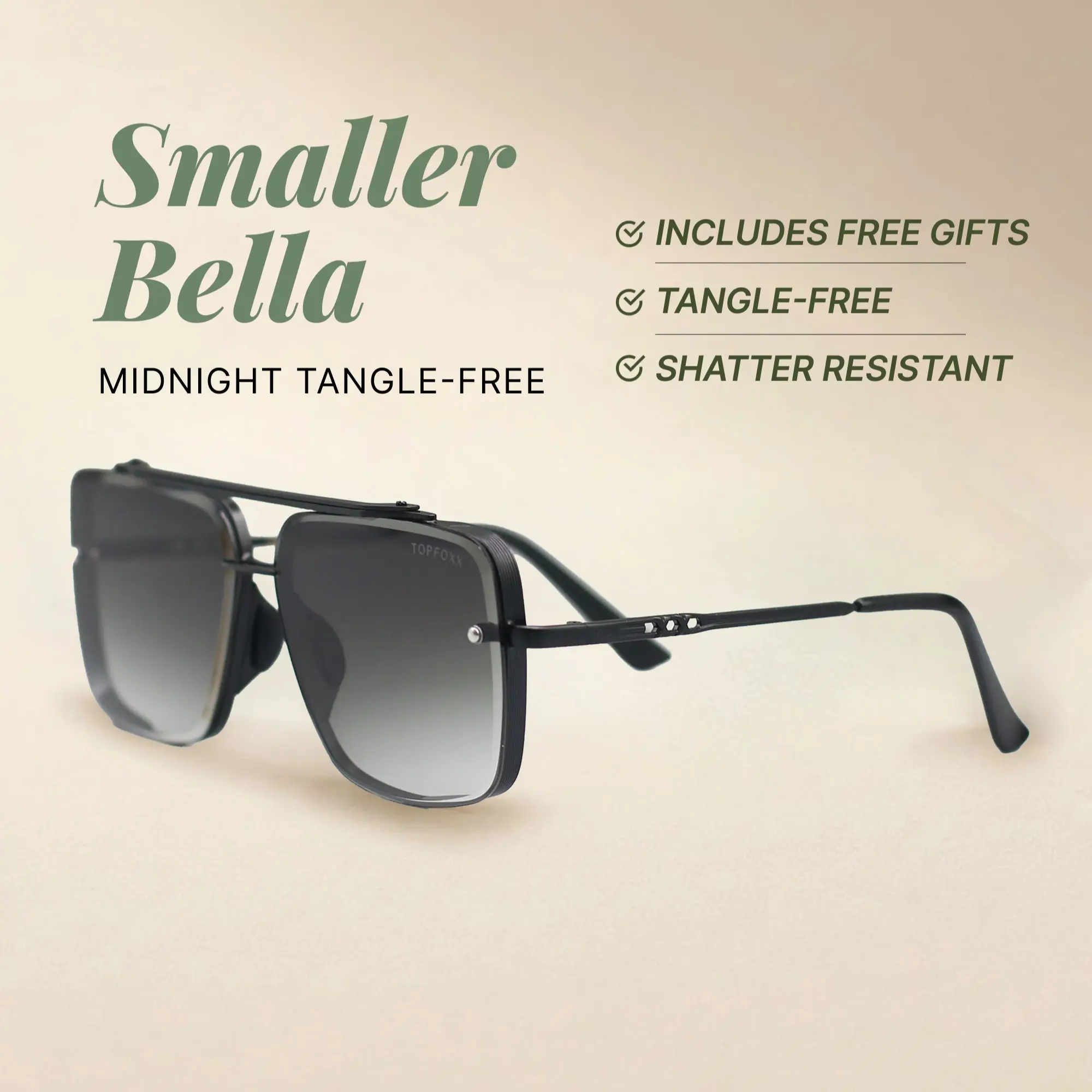 Smaller Bella Midnight - Tangle Free Aviator Sunglasses - Certified Shatter-Resistant Lenses - UV400 - For Women & Men