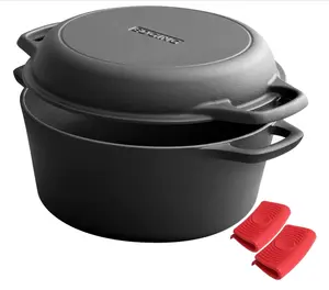 Pre-Seasoned 2-in-1 Cast Iron Dutch Oven Pot with Skillet Lid Cooking Pan 5 Qt Dual Handles for Bread Frying Baking Camping BBQ