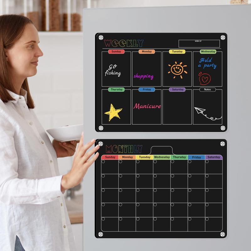 Hivillexun 3-Pack Black Acrylic Magnetic Dry Erase Boards Set - Streamline Your Organization on Refrigerators, Walls, and Fridges with Monthly, Weekly Calendars and Daily Notepads