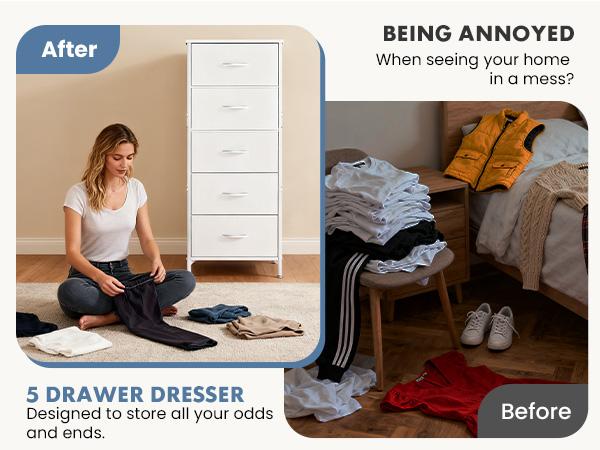 Fabric Dresser for Bedroom, 5-Drawer Tall Dressers, Storage Organizer with Fabric Bins, Wood Top, Sturdy Steel Frame, Chest of Drawers for Closet, Hallway Fabric Dresser for Bedroom, 5-Drawer Tall Dressers, Storage Organizer with Fabric Bins, Wood Top, Sturdy Steel Frame, Chest of Drawers for Closet, Hallway