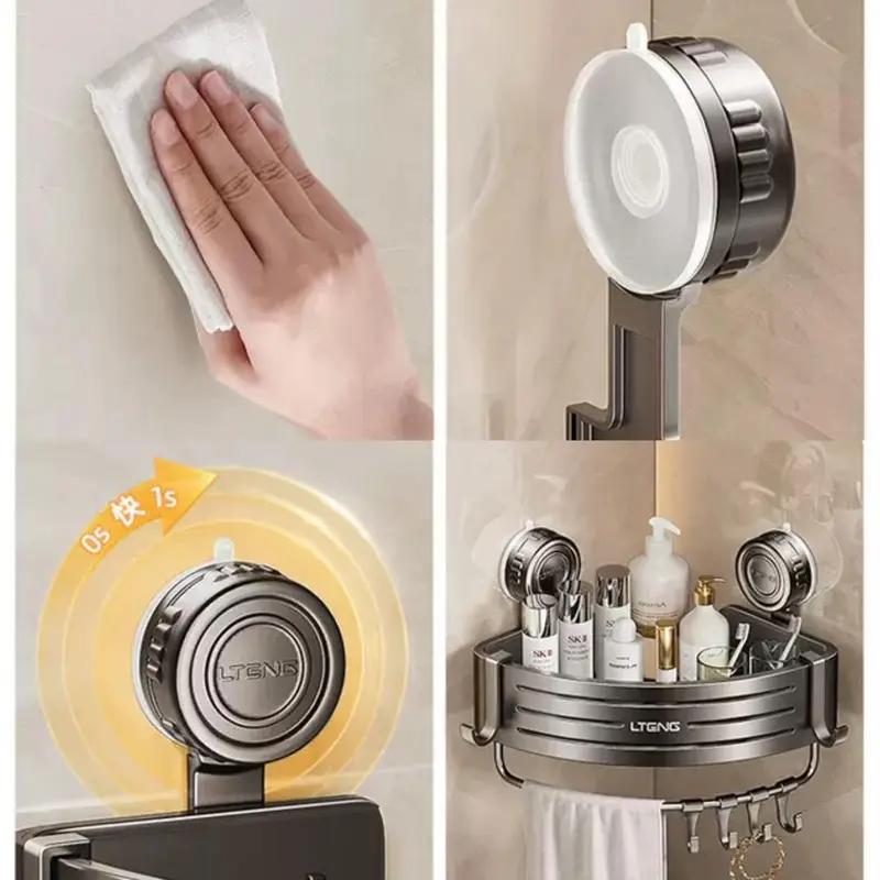 Upgrade Version Gun Gray ABS Triangle Suction Cup ShowerCaddy 3-Tier Corner Shelves NoDrilling 50lbs LoadCapacity 6 Hooks for Bathroom Storage