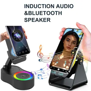 Wireless Induction Audio Bluetooth Speaker 5in1 Phone Holder Emergency Rechargeable (3000mAh) with Colorful Ambient Light 300° Foldable for Tablet iPhone Android, Gifts for Men Women