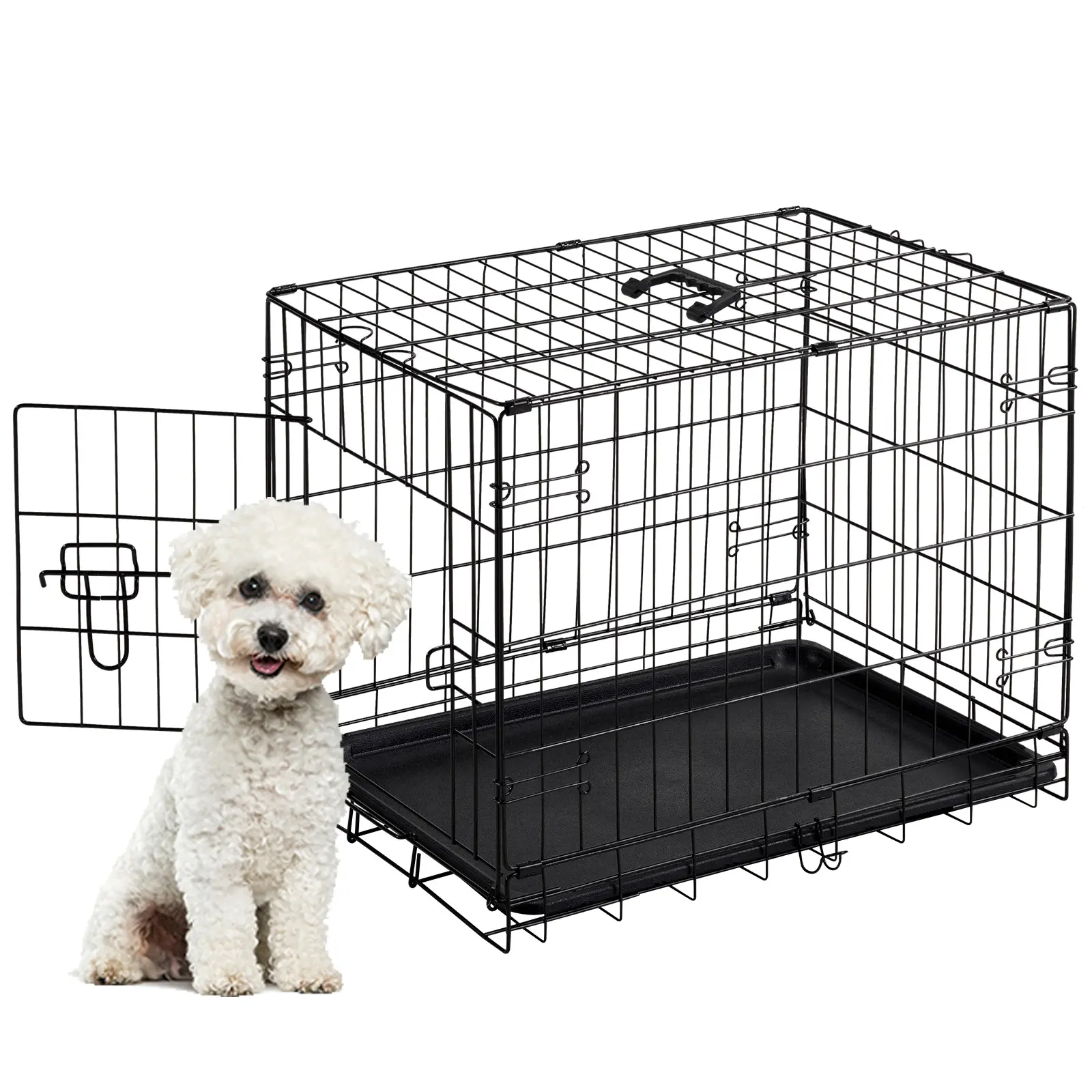 Folding Metal Dog Crate, Pet Cage with Leak-Proof Tray, Secure Wire Kennel for Small/Medium Dogs, Indoor & Travel Use