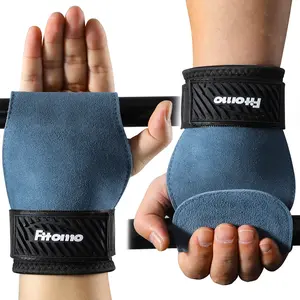 Fitomo Double‑Layer Leather Weightlifting Wrist Straps for Gym, Pull‑Ups & Deadlifts & Heavy Powerlifting, Adjustable Wrist Hooks for Strength Training Wristband Support with Open Grip & Strong Hold