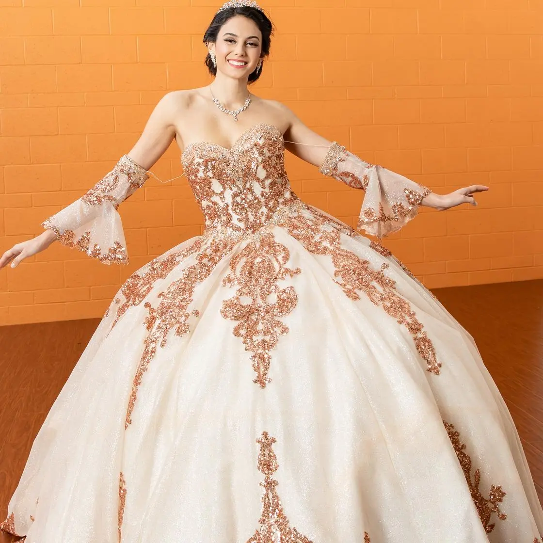 Women's No.25 Elegant Quinceanera Formal Floor-Length Gown with Removable Bell Sleeves, Available in Green/Red/Champagne