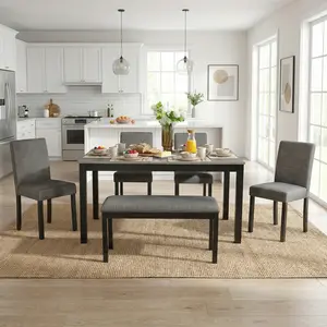 6-Piece Dining Table Set with Bench and Chairs, Dining Table Set for 6 with Bench, Wooden Dining Table Set for Kitchen, Dining Room, Complete Dining Set