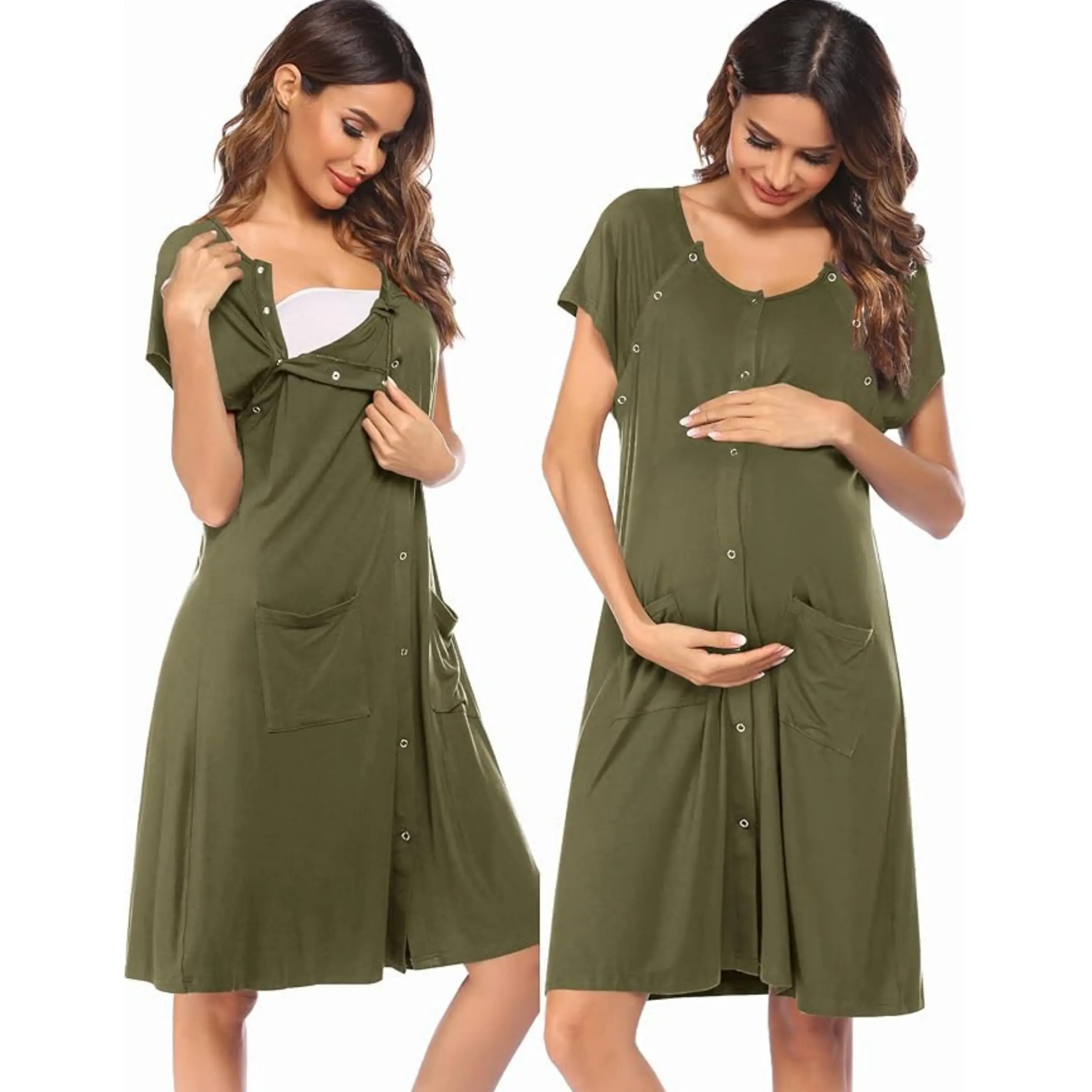 Ekouaer Maternity Gown, Short Sleeve Button-Down 3-in-1 Nightdress for Labor, Delivery, and Postpartum Nursing, Maternity Outfits, Breastfeeding, All Seasons, Cute Maternity Clothes