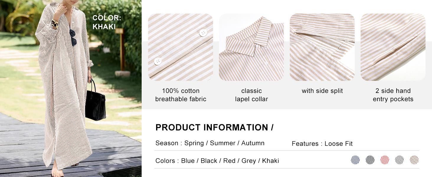 Chouyatou Women's Casual Long Sleeve Button Down Loose Striped Cotton Maxi Shirt Dress Grey Caftan Comfy Basic Batwing Sleeves Breathable Lightweight Beach Clothes Womenswear Bikini Elegant Fit SpringStatements Chouyatou Women's Casual Long Sleeve Button Down Loose Striped Cotton Maxi Shirt Dress Grey Caftan Comfy Basic Batwing Sleeves Breathable Lightweight Beach Clothes Womenswear Bikini Elegant Fit SpringStatements