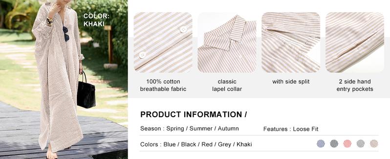 Chouyatou Women's Casual Long Sleeve Button Down Loose Striped Cotton Maxi Shirt Dress Grey Caftan Comfy Basic Batwing Sleeves Breathable Lightweight Beach Clothes Womenswear Bikini Elegant Fit