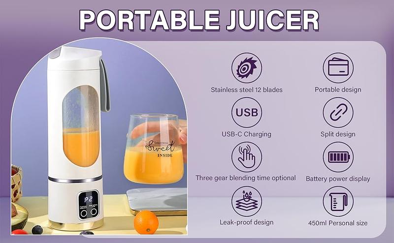 Smart LED Portable Blender Personal Juicer for Shakes,Fresh juice and Smoothies - 20 OZ Electric Protein Shaker Bottle with Insulated Sleeve, Travel Lid, USB-C Rechargeable - 12 blades,with strong blending Small Blender Cup for Kitchen, Office, Gym