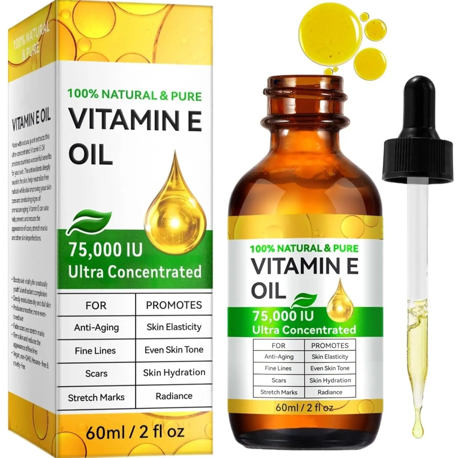 Pure Vitamin E Oil 75,000 IU - Moisturizing and Hydrating Liquid for Face, Body, and Nail Care, Nourishes Dry Skin & Scars, 2 fl oz, Moisturize, Nail Care Oil, Unscented, Scar Care Boost
