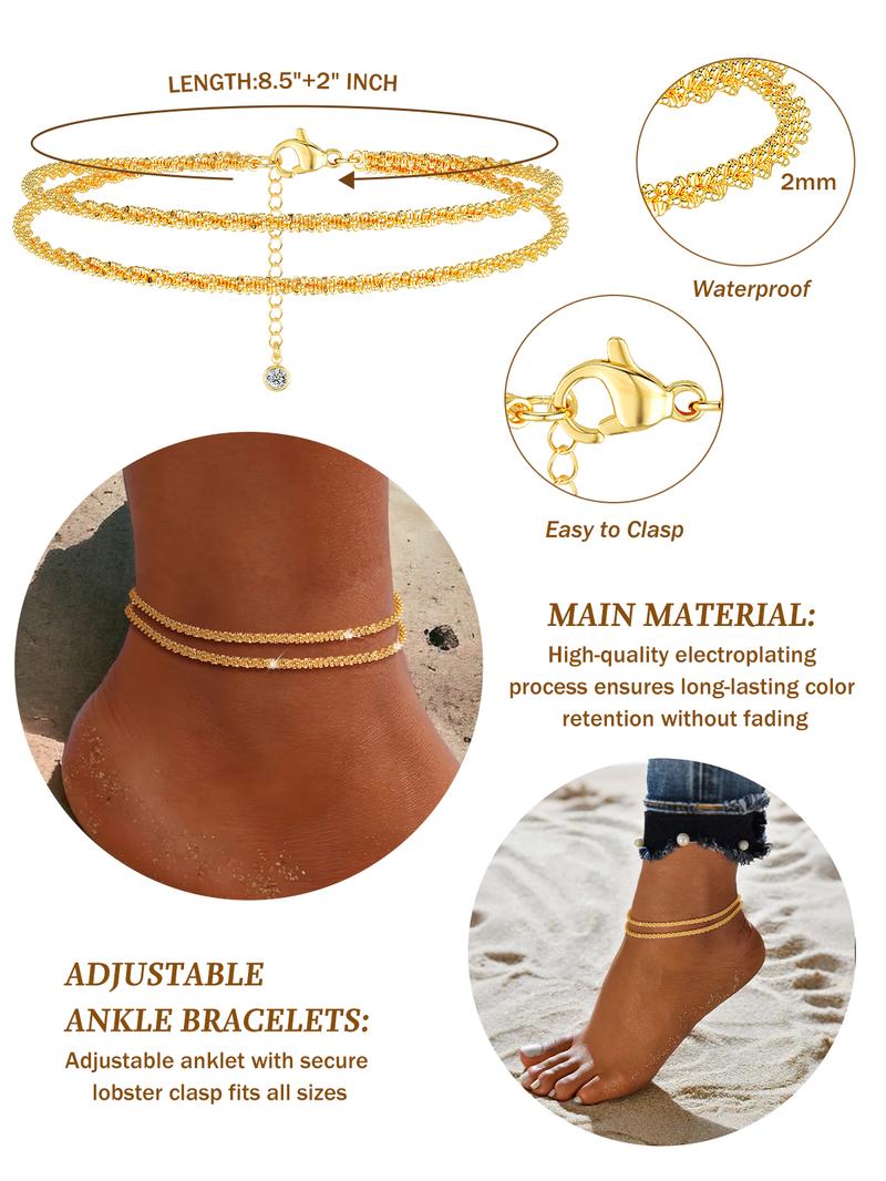 TEWIKY Dainty Layered Waterproof Anklet For Women Adjustable Womens Anklet Set Stackable Figaro Beaded Cuban Link Anklets Beach For Summer