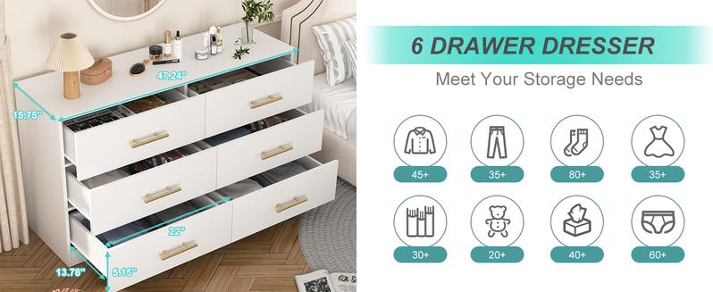 6 Drawer Wooden  Dresser, Large Storage Cabinet Modern Chest of 6 Drawers Night Table, Bedroom Storage Organizer, Storage Dresser Chest of Drawers for Bedroom, Closet, Living Room