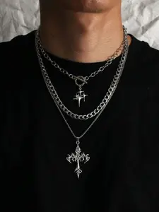 3pcs Vintage Style Multilayer Star, OT Chain, Minimalist Stainless Steel Necklace Choker, Flame Cross Necklace Set For Women And Men Gothic Jewelry Tarnish Proof Jewelry