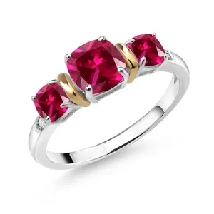 Gem Stone King 1.75 Cttw Red Created Ruby and Diamond 3-Stone Ring For Women | 925 Sterling Silver and 10K Yellow Gold | Cushion 6MM and 4MM | Three Stone Wedding Engagement Anniversary Ring