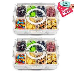 Divided Snack Serving Tray with Lid and Handle Travel Snackle Charcuterie Container Portable Storage Organizer for Candy, Fruits, Nuts, Snacks, Party, Picnic