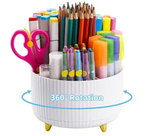 Desk Organizer, 360-Degree Rotating Pen Holder, Desk Organizers and Accessories with 5 Compartments Pencil Holder, Art Supply Storage Box Caddy for Office, Home（White）