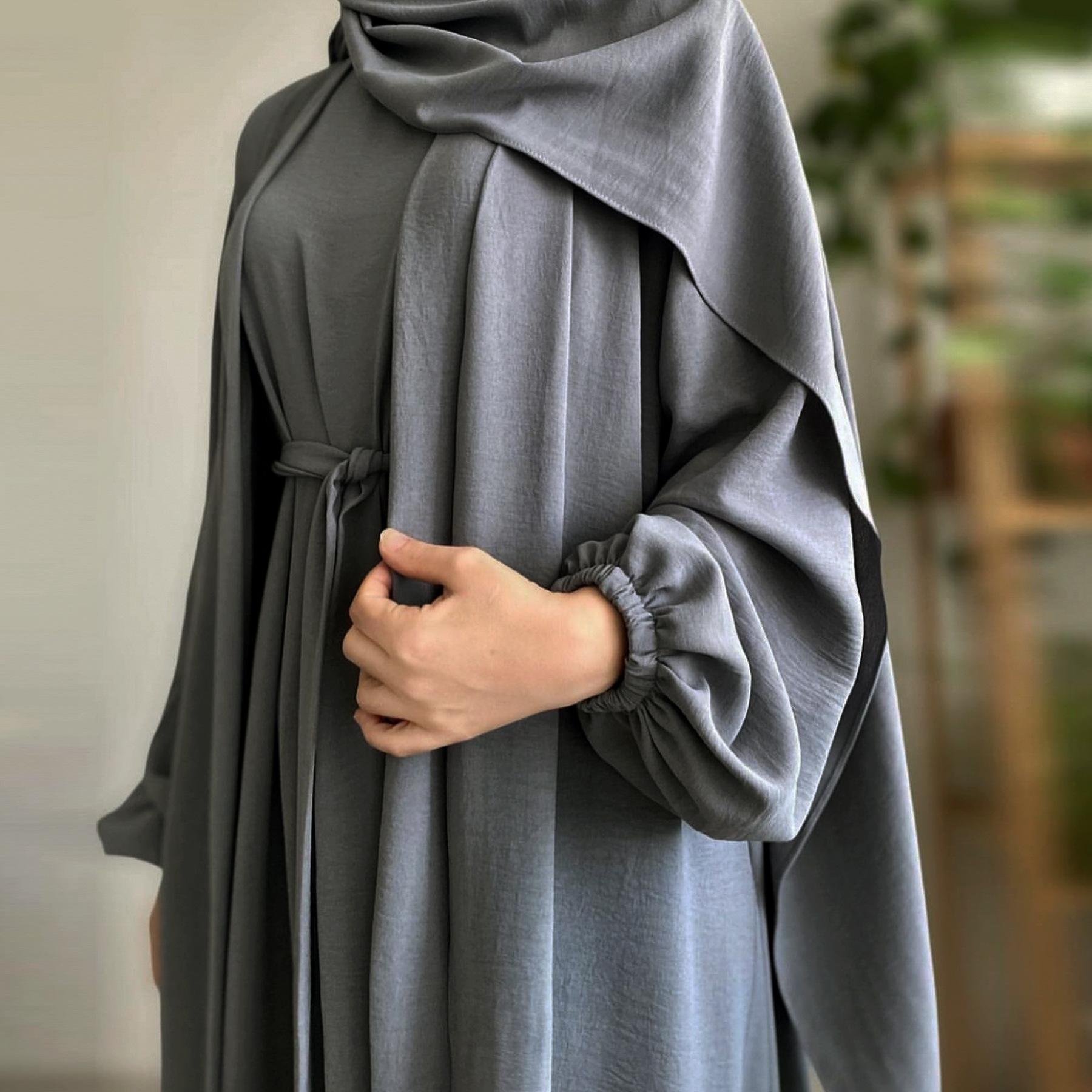 MOA092 Solid Color Elegant Open Abaya with Pockets 3-Piece Set for Women Breathable Fabric Full Length Jilbab Summer Outfits Modern Midi