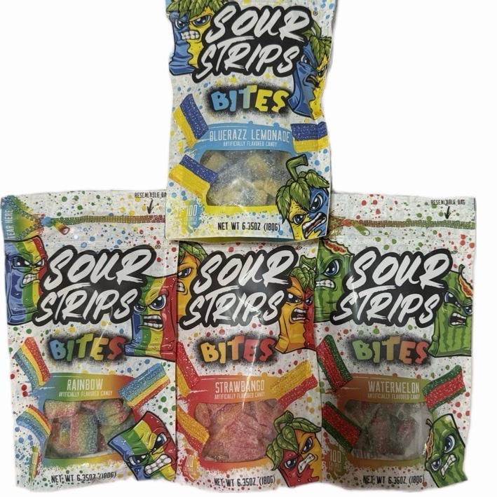 Sour Strips Bites 6.35 oz Watermelon, Rainbow, Bluerazz Lemonade or Strawbango Flavor sour candy snack Artificial Fruit Flavored mix bag