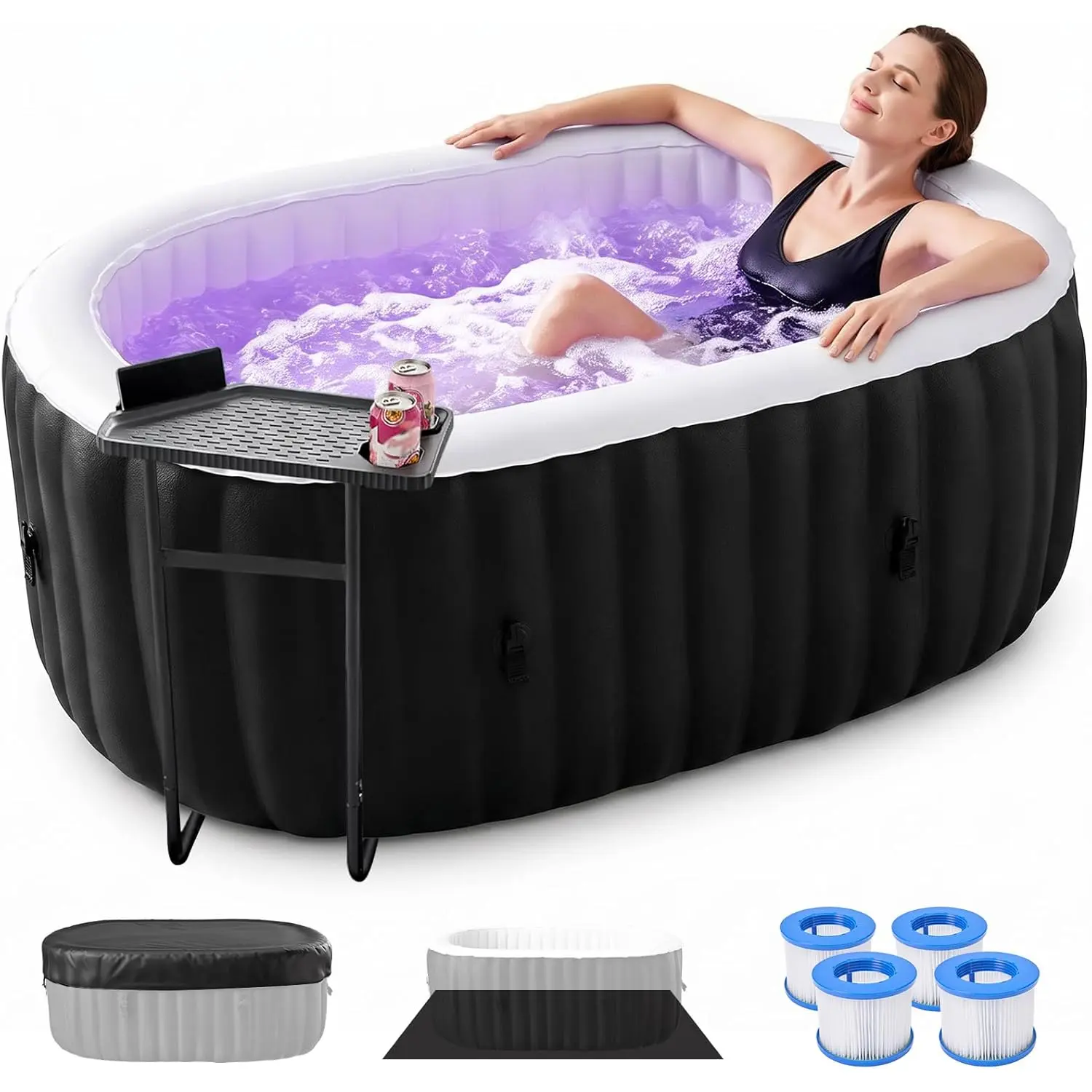 1-2 Person Inflatable Hot Tub with LED Light, ABORON 75" X 47" X 25" Oval Blow Up Portable Hot Tub with 100 Bubble Jets, Outdoor Spa Bathtub Included Heater Pump, Insulated Cover and Side Table tiktokshopbacktoschool