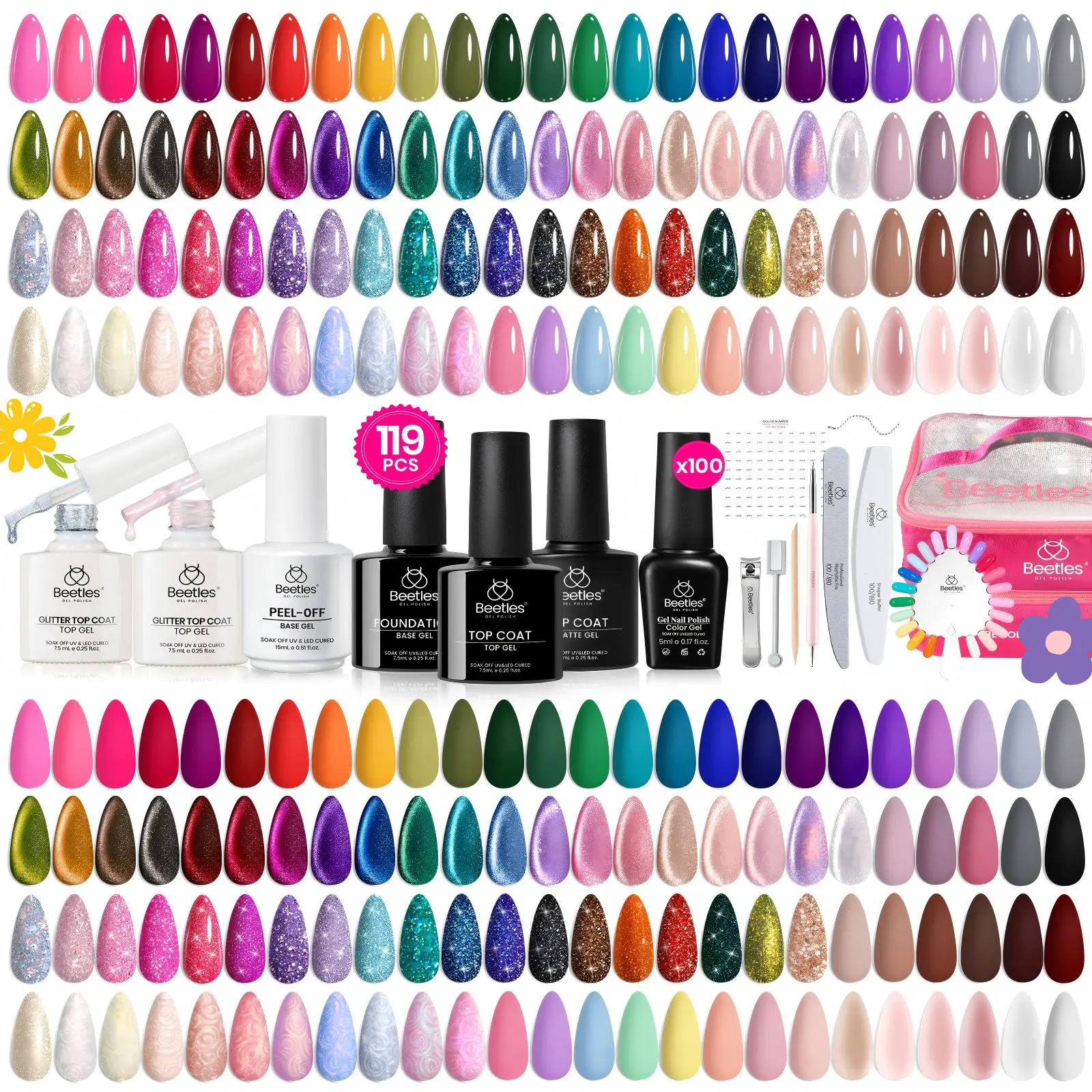 [Beetles] 50-100 Colors Gel Nail Polish Set - Nail Nook Gel Polish Kit Base Glossy Matte Glitter Top Coat Neon Glitter Pearl Cat Eye White Red Pink Nude Nails Soak Off UV LED Gel Kit with Base & Top Coat Gift for Women