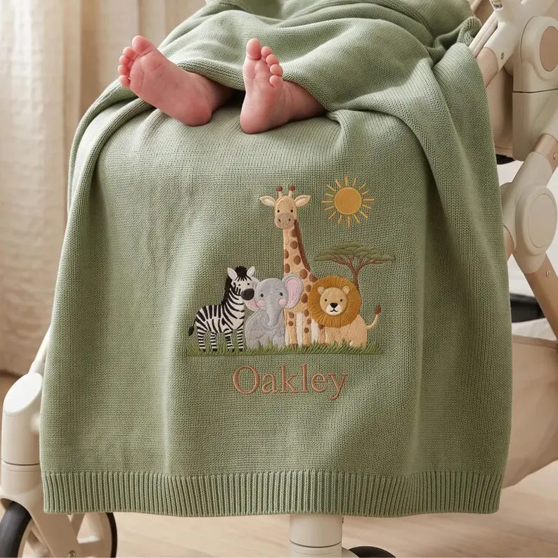 [MADE IN US] Custom Embroidered Knit Blanket,Personalized Animal Name Blanket,Safari Animals Blanket,Custom Newborn Gift,Shower Present,