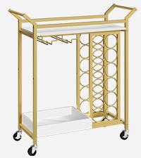 MAHANCRIS Bar Cart with Wine Rack and Glass Holder, 2-Tier Rolling Serving Cart for Kitchen, Party, Living Room, Holds 12 Bottles and 6 Glasses, Lockable Wheels, Gold and Marble White