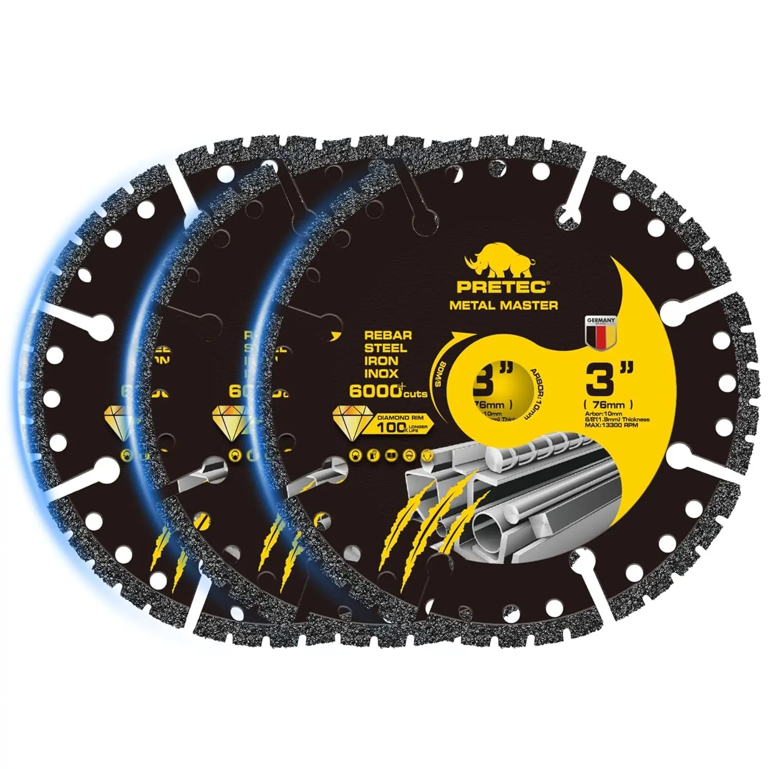 Diamond Cut Off Wheels 3 Inch, Angle Grinder Cutting Disc with 3/8" Arbor, Die Grinder 3 Cut Off Wheels with 6000+ Cuts on Rebar, Steel, Iron and INOX (3 Pack)