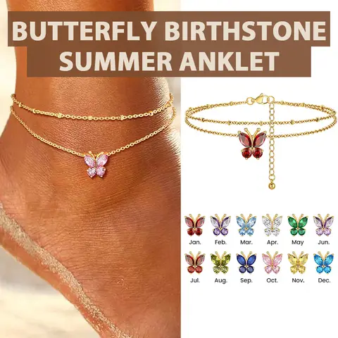 FindChic Women's 2-Layered Non-Tarnish Butterfly Birthstone Anklet - Zircon-Inlaid Luxe Daily Jewellery, Trendy Fashionable Accessories, 8.5in + 2in Extension Beach Summer Gift for Adults