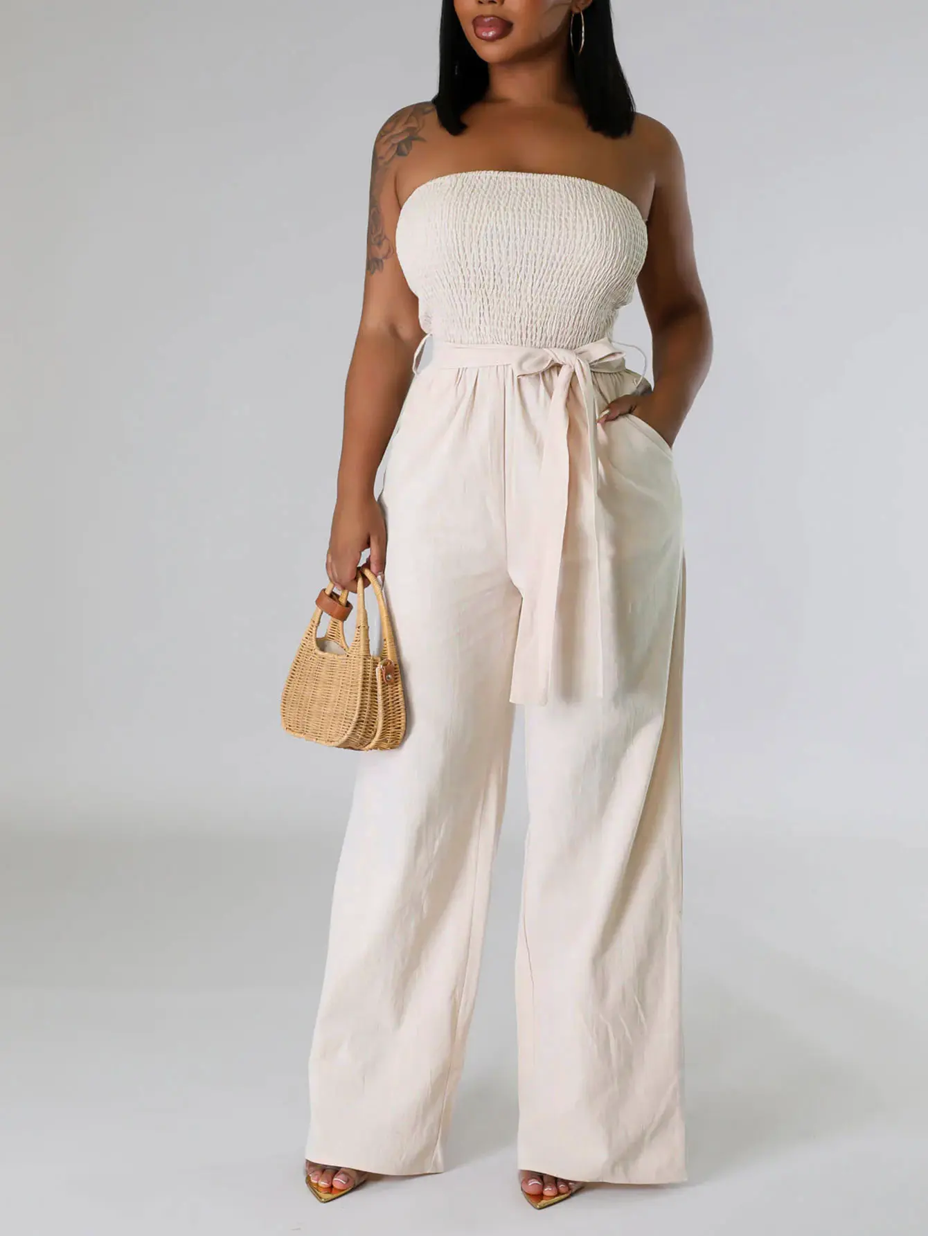 Women's Regular Size Apricot Strapless Jumpsuit - Smocked Bodice Wide Leg One Piece with Pockets and Self Tie Belt for Summer Brunch and Vacation, Casual Gatherings and Going Out Elegant Womenswear rompers for women