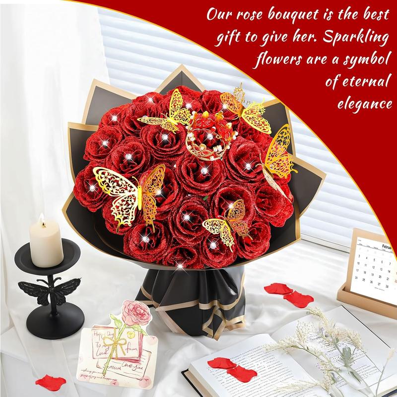 28 Red Glitter Roses Bouquet - Artificial Flowers Bouquet with Diomand Pins,Red Roses DIY Fake Flower Bouquet Kit - Sparkling Flower Arrangement for Valentines Day,Anniversary,Weddings Engagement
