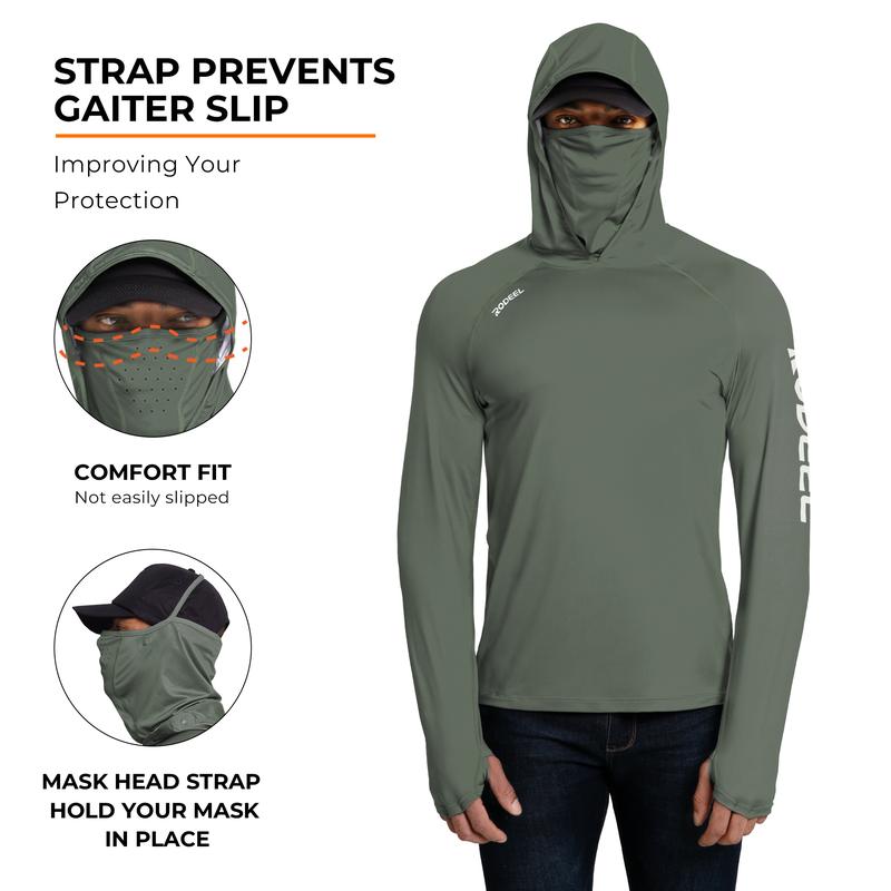 【RODEEL】936 RIIIPO Sun Hoodie Shirts w/ UV Detection Logo Mask Neck Gaiter Thumbhole Men UPF 100+ Sun Protection Long Sleeve Lightweight Quick Dry Moisture Wicking Breathable Cooling Athletic Activewear for Outdoor Sports Fishing, Holiday Gift