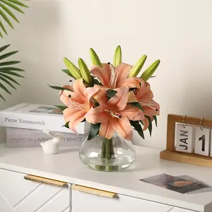 Gaomon 6-Pack 13 in Decorative Realistic Silk Lily Artificial Floral Set with Glass Vase - Lifelike Faux Bouquet, No Maintenance, Bendable Stems, Ready-to-Display, Orange for Home Wedding Decor, Ideal Gift