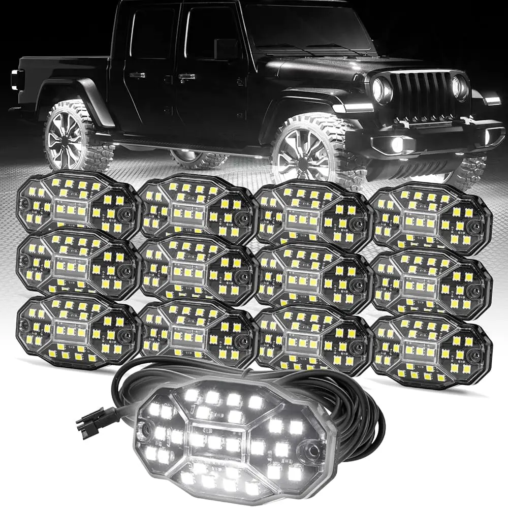 Winunite 27 Full Angle Chips Rock Lights,6000K Pure White,5-Sided Translucent Design with No Cover,4M Extension Wires,Plug and Play,IP67 Waterproof,Fit for Truck, ATV, UTV, RZR and SUV,Underglow,Men's Gift,Summer Survivals