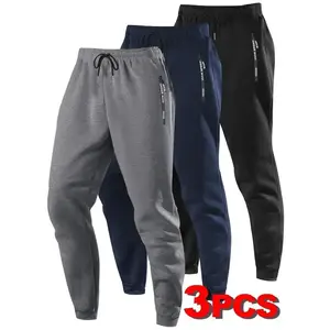 3-Pack Men's Solid Color Sports Joggers, with Letter Print, Zipper Pockets, and Drawstring - Breathable Polyester Blend, All-Season Fitness Casual Wear, All-Season Joggers | Sporty appearance | Smoothtexturedfabric