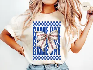 Comfort Colors Game Day Baseball T-Shirt, Team Mascot, Gameday Tee, Royal Blue Coquette Bow, Baseball Fan, Mama Mom Gift, Cute Girly T-Shirt, Trendy Baseball Gift