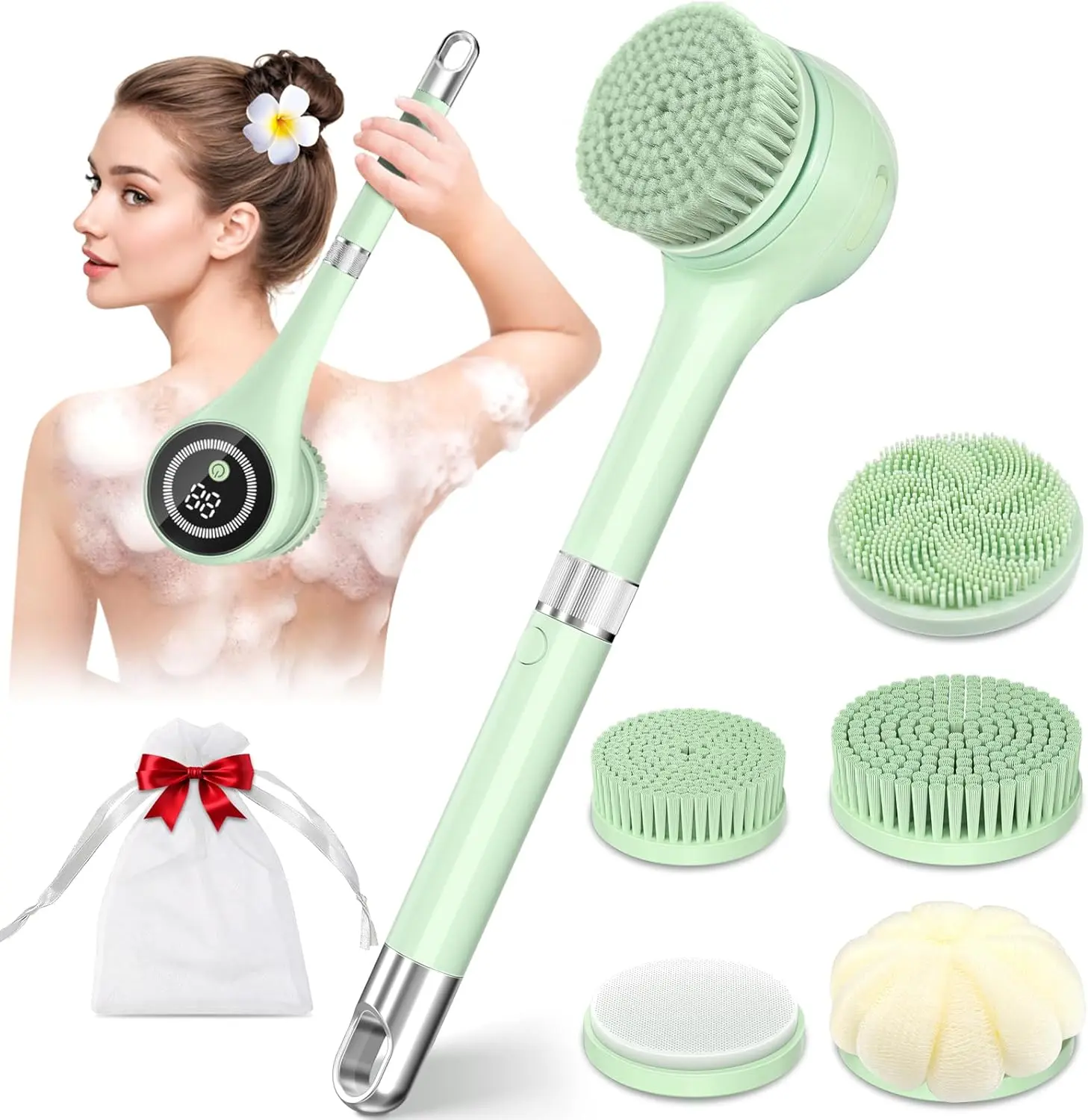 Electric Body Brush Back Scrubber for Bath - Waterproof Long-Handle Rechargeable Motor-Powered Auto Scrubber with 5 Heads, 3 Speeds for Deep Cleansing, Exfoliating, Massage Accessory, Ideal Gift for Cleaning Needs, Accessories, Personal