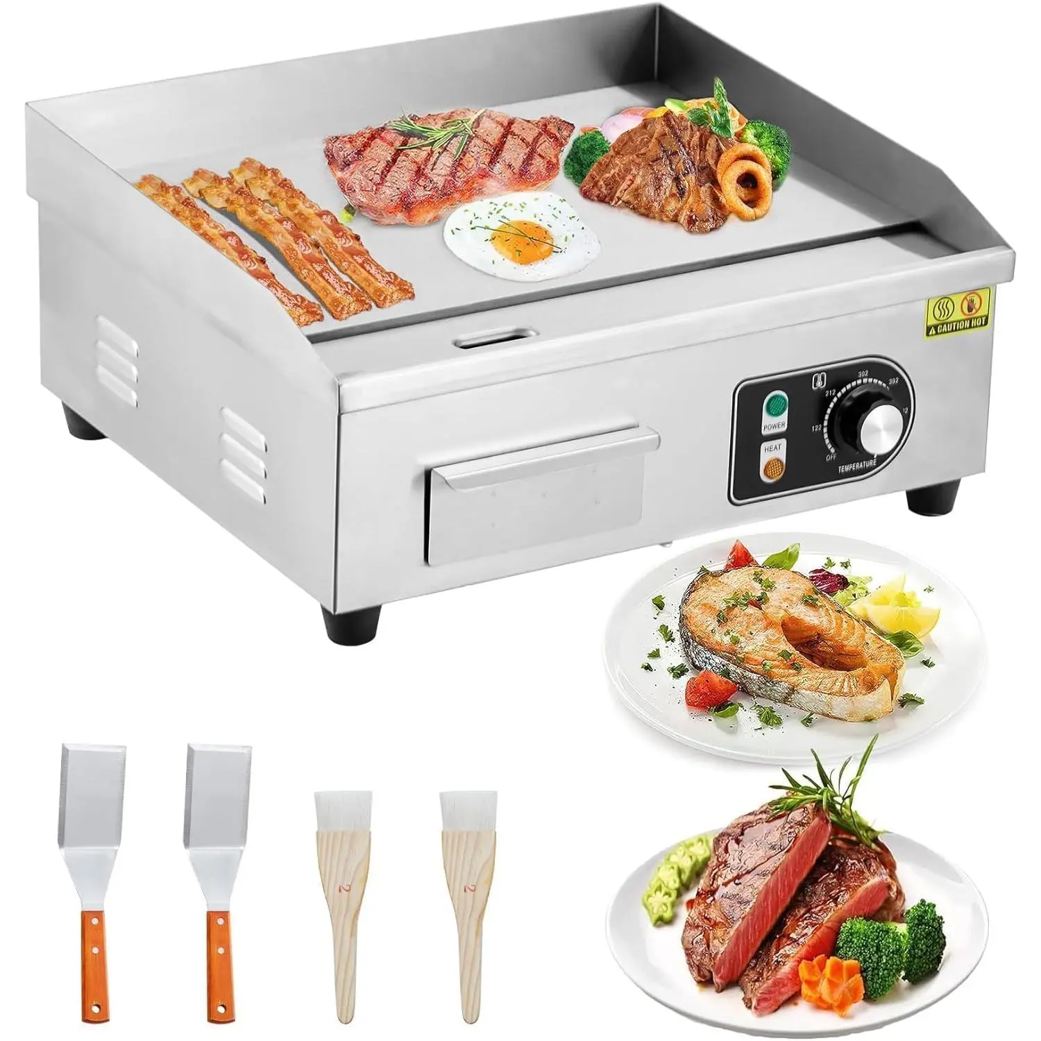 18 Inch 1600W Power Commercial Electric Griddle - Stainless Steel Flat Top Portable Griddle Stovetop Commercial Stoves, 122-572°F Temperature Control, 2 Shovels, 2 Cleaning Brushes, Quick Heat, Grease Management System, 18.11x15.75x8.66in for Restaurants