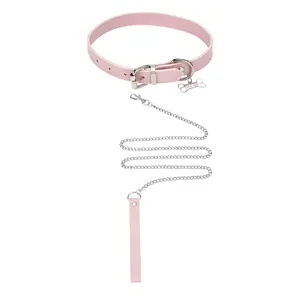 Punk Leather Choker Necklace: Adjustable PU Leather Collar with Bone Pendant and Chain Leash Gothic Fashion Jewelry for Women