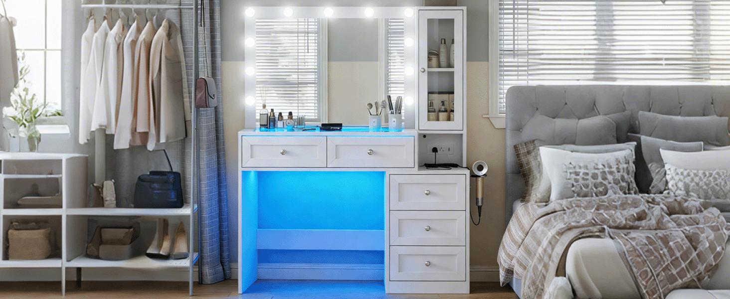 HuaYing 43"  Makeup Vanity Desk with RGB LED Mirror & 11 Lights, 5 Drawers, 3 Lighting Modes, Adjustable Brightness, Built-in Charging Station & Power Outlets, Modern Dressing Table for Bedroom