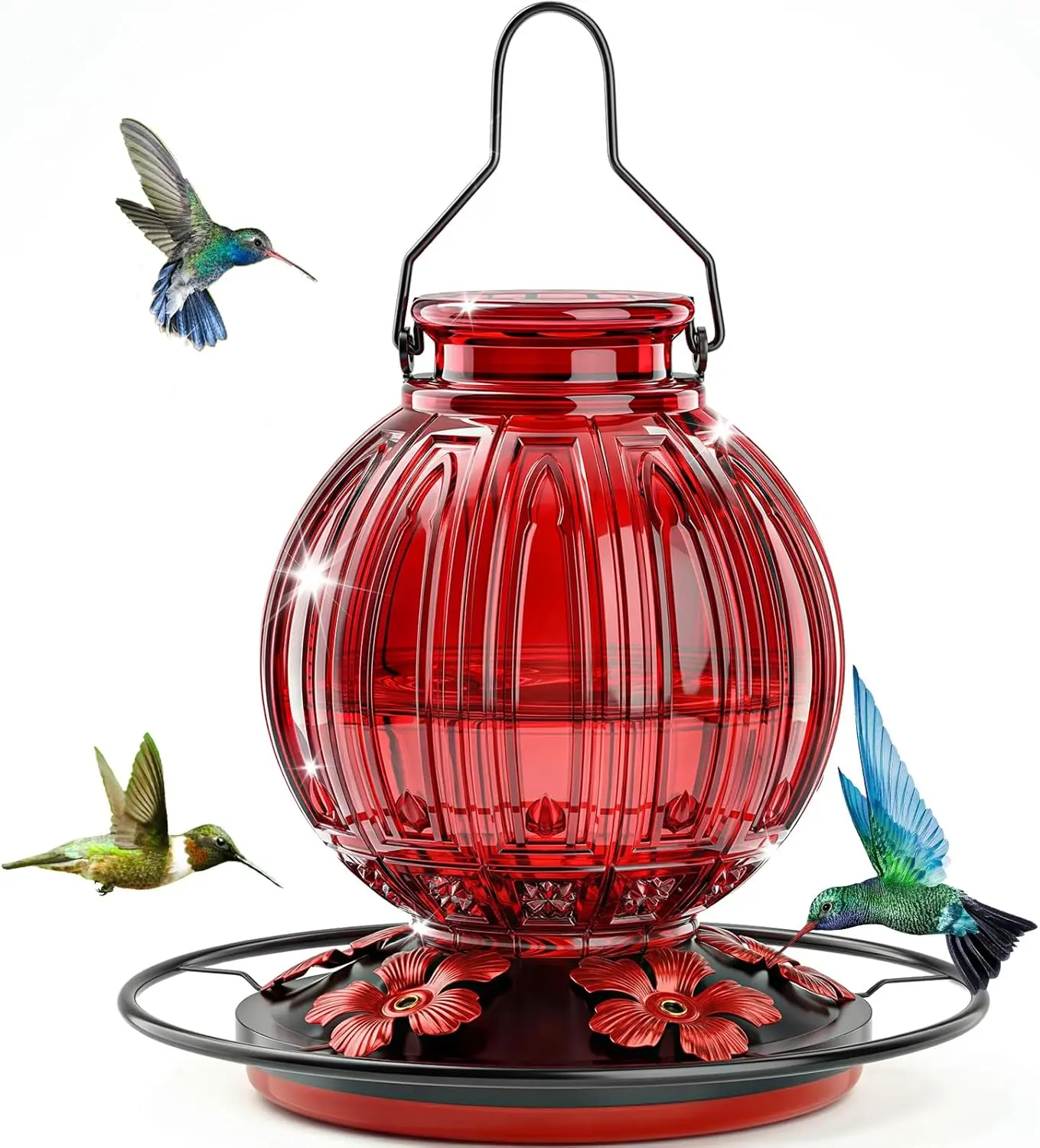 Glass Hummingbird Feeder for Outdoors Hanging, Bird Nectar Feeder with Perch & 5 Flower Feeding Ports, 26 Oz Leak Proof for Outside Garden Decor Backyard, Gifts for Women Mom, Red & Purple