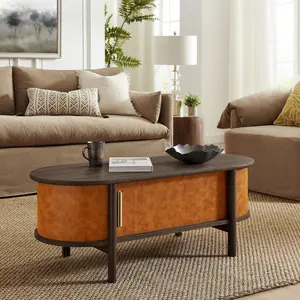 Coralie Curved Vegan Leather Oval Coffee Table in Walnut Tan