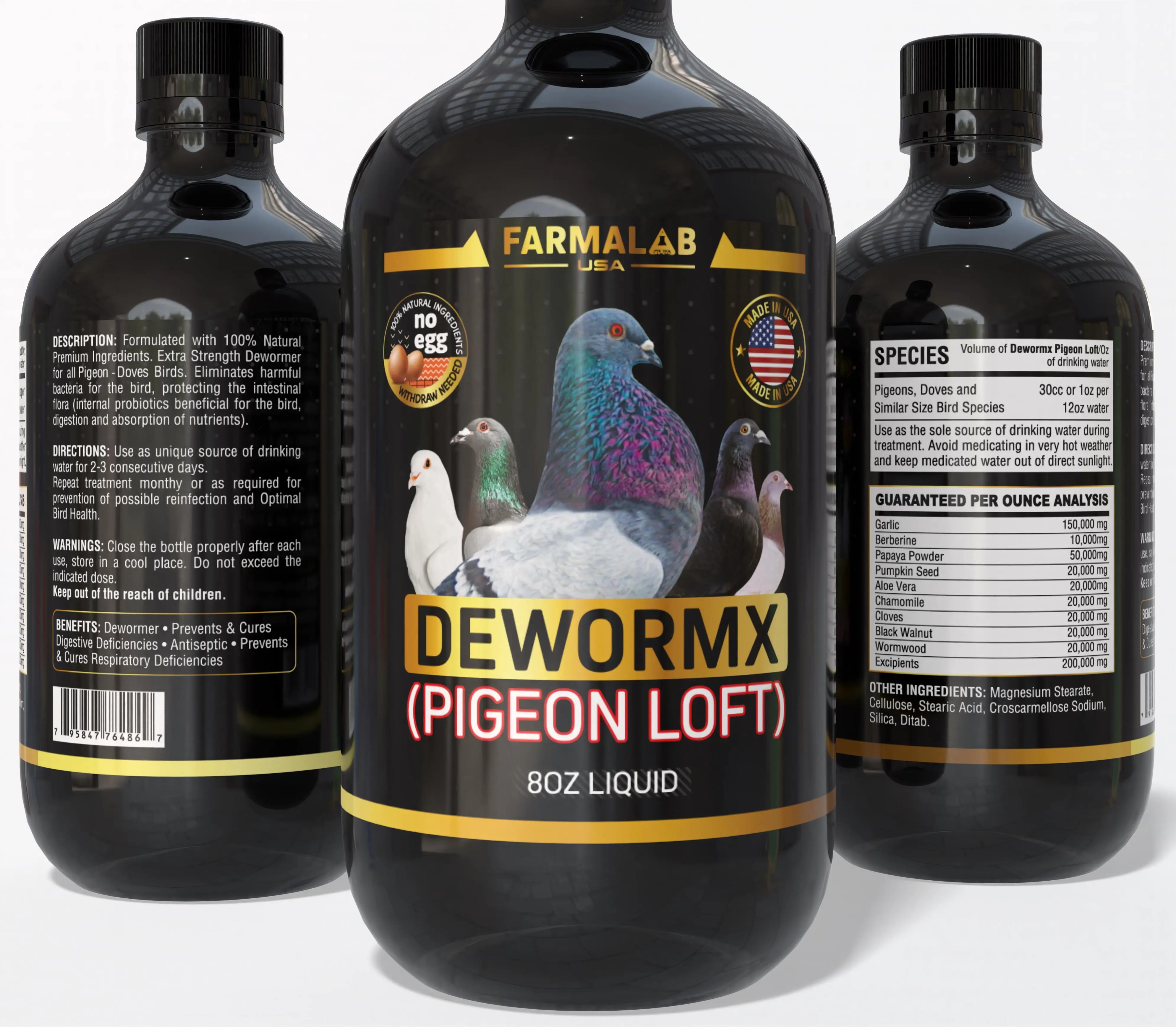 Farmalab Natural No-Withdraw Bird Dewormer Bottle, 8oz Bird Healthcare Supplies, Intestinal Aid for Pigeons, Roosters, Parakeets, Ducks, Quakers, Turkeys (Pigeon Loft Use)