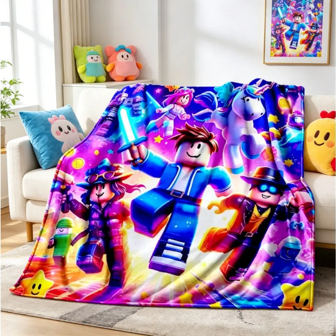 Roblox-Style Cartoon Flannel Blanket - Ultra Soft, Cozy, Warm, Wrinkle-Resistant Throw for Gamers, Bedroom Sofa Cozy Setup, Christmas Birthday Gift