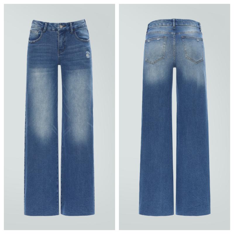 Ella ONESO On Target Stretchy Wide Leg Jeans Mid-low Waist Distressed Raw Hem Denim Pants BBL Baggy Vintage Casual Streetwear New Year's Gift